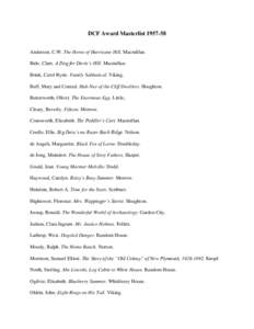 DCF Award Masterlist[removed]Anderson, C.W. The Horse of Hurricane Hill. Macmillan. Bide, Clare. A Dog for Davie’s Hill. Macmillan. Brink, Carol Ryrie. Family Sabbatical. Viking. Buff, Mary and Conrad. Hah-Nee of the C