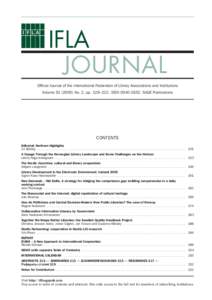 IFLA JOURNAL Official Journal of the International Federation of Library Associations and Institutions Volume[removed]No. 2, pp. 129–222. ISSN[removed]SAGE Publications  CONTENTS