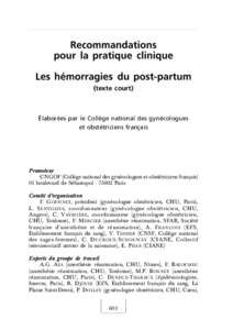 Recommandations pour la pratique clinique Les hémorragies du post-partum (texte court)  Élaborées par le Collège national des gynécologues