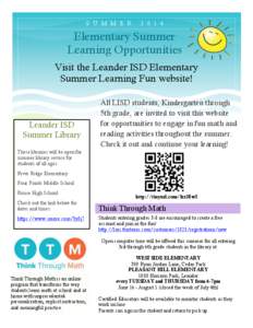 S U M M E R[removed]Elementary Summer Learning Opportunities