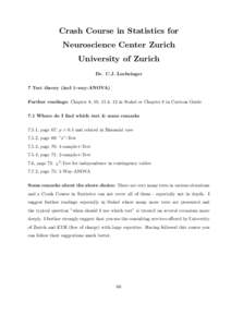 Crash Course in Statistics for Neuroscience Center Zurich University of Zurich Dr. C.J. Luchsinger 7 Test theory (incl 1-way-ANOVA) Further readings: Chapter 8, 10, 11 & 12 in Stahel or Chapter 8 in Cartoon Guide
