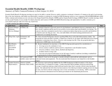 Essential Health Benefits (EHB) Workgroup Summary of Public Comment/Testimony to Date (August 14, 2012) Essential Health Benefits Workgroup meetings are open for the public to attend. However, public comment or testimony