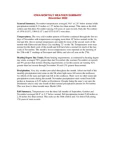 IOWA MONTHLY WEATHER SUMMARY November 2002 General Summary. November temperatures averaged 34.6° or 2.8° below normal while precipitation totaled 0.21 inches or 1.57 inches less than normal. This ranks as the 46th cold