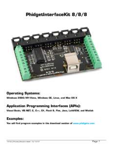 PhidgetInterfaceKitOperating Systems: Windows 2000/XP/Vista, Windows CE, Linux, and Mac OS X  Application Programming Interfaces (APIs):
