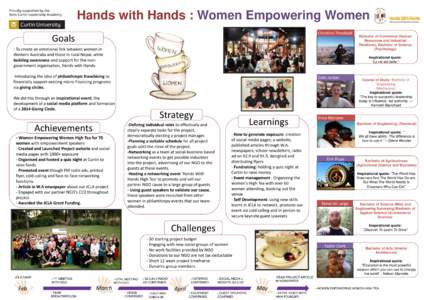Hands with Hands : Women Empowering Women Christine Theobald Goals - To create an emotional link between women in Western Australia and those in rural Nepal, while