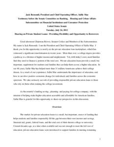 Jack Remondi, President and Chief Operating Officer, Sallie Mae Testimony before the Senate Committee on Banking, Housing and Urban Affairs Subcommittee on Financial Institutions and Consumer Protection United States Sen