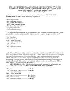 EPIC▪MRA STATEWIDE POLL OF GENERAL ELECTION AND MAY 5TH VOTERS [FREQUENCY REPORT OF SURVEY RESPONSES – 600 SAMPLE – ERROR ±4.0%] Polling Dates: March 28th, 2015 through March 30th, 2015 Conducted by live callers -