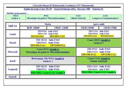 Université Hassan II Mohammedia-Casablanca, FST Mohammedia. Emploi du temps Cours TD TP, Session Printemps 2014, Parcours MIP, Semestre S1 Modules programmés : M111 P111 Analyse 1