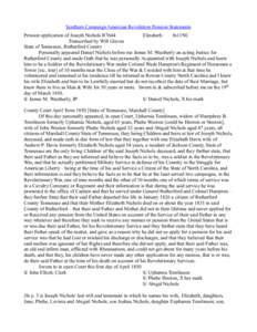 Southern Campaign American Revolution Pension Statements Pension application of Joseph Nichols R7644 Elizabeth fn11NC Transcribed by Will Graves State of Tennessee, Rutherford County