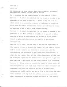 ARTICLE IV Title 40 AN ORDINANCE FOR SNOW REMOVAL FROM THE SIDEWALKS, PAVEMENTS, WALKWAYS AND STREETS IN THE TOWN OF FELTON Be It Ordained by the Commissioners of the Town of Felton: Section 1 - It shall be unlawful for 