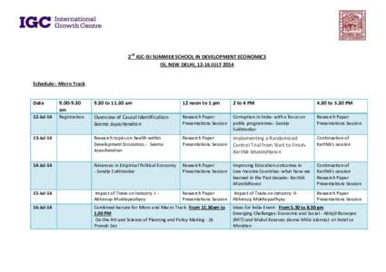 2nd IGC-ISI SUMMER SCHOOL IN DEVELOPMENT ECONOMICS ISI, NEW DELHI, 12-16 JULY 2014 Schedule:- Micro Track Date
