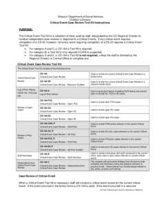 Missouri Department of Social Services Children’s Division Critical Event Case Review Tool Kit Instructions PURPOSE: The Critical Event Tool Kit is a collection of tools used by staff, designated by the CD Regional Dir