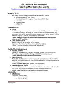 CAL OES Fire & Rescue Division Hazardous Materials Section Update http://www.caloes.ca.gov/HazardousMaterials/Pages/Hazardous-Materials.aspx AUGUST 2014: This edition includes updated information to the following section