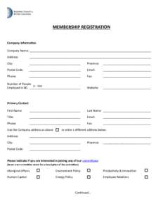 MEMBERSHIP REGISTRATION Company Information Company Name: Address:					 																																											 City:							________________________________			Province:		______________________________ British