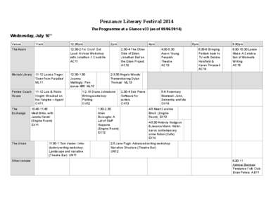 Penzance Literary Festival 2014 The Programme at a Glance v33 (as of[removed]Wednesday, July 16th Venue