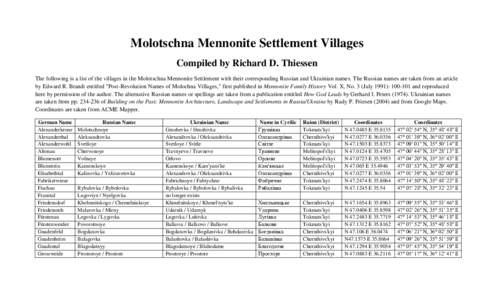 Molotschna Mennonite Settlement Villages Compiled by Richard D. Thiessen The following is a list of the villages in the Molotschna Mennonite Settlement with their corresponding Russian and Ukrainian names. The Russian na