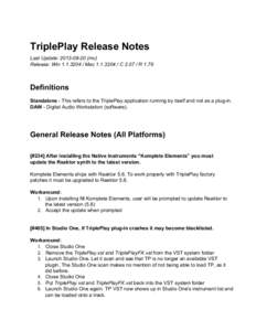 TriplePlay Release Notes Last Update: 2013­08­20 (mc) Release: Win  / Mac  / C 2.07 / R 1.76 Definitions Standalone ­ This refers to the TriplePlay application running by itse