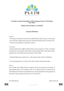 Committee on Improving Quality of Life, Exchanges between Civil Societies and Culture Minutes of the meeting of 11 April 2013 European Parliament