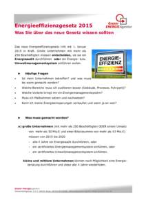 Energieeffizienzgesetz 2015 Was Sie über das neue Gesetz wissen sollten Das neue Energieeffizienzgesetz tritt mit 1. Januar 2015 in Kraft. Große Unternehmen mit mehr als 250 Beschäftigten müssen entscheiden, ob sie e