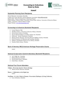 Connecting to Collections State by State Hawaii Statewide Planning Grant Recipients Hawaii Museums Association, Honolulu Contact: Ms. Lynn Ann Davis, Hawaii Museums Association, [removed]