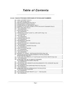 Ta b l e o f C o n te n ts[removed]RULES OF THE IDAHO STATE BOARD OF PSYCHOLOGIST EXAMINERS 000. LEGAL AUTHORITY (RULE 0). ..............................................................................................