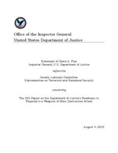 Statement of Glenn A. Fine, Inspector General, U.S. Department of Justice before the Senate Judiciary Committee Subcommittee on Terrorism and Homeland Security concerning The OIG Report on the Department of Justice’s  