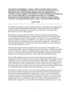 STATEMENT OF HERBERT C. FROST, ASSOCIATE DIRECTOR, NATURAL RESOURCE STEWARDSHIP AND SCIENCE, NATIONAL PARK SERVICE, U.S. DEPARTMENT OF THE INTERIOR, BEFORE THE SUBCOMMITTEE ON NATIONAL PARKS, FORESTS, AND PUBLIC LANDS OF