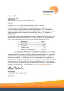 3 November 2010 Professor Geoff Taylor Interim Director National eResearch Collaboration Tools and Resources Dear Geoff I am writing to you in my capacity as President of AAF Executive Committee