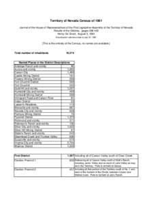 Territory of Nevada Census of 1861 Journal of the House of Representatives of the First Legislative Assembly of the Territory of Nevada Results of the Districts, pages[removed]Henry De Groot, August 5, 1861 Enumeration r