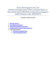 Neste Oil Singapore Pte, Ltd Method 2B Application of New Zealand Tallow to Renewable Diesel (NExBTL) Produced in Singapore (ARB Pathway Code: RNWD007) Posted Date: February 20, 2014