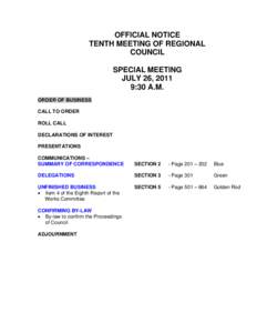 OFFICIAL NOTICE TENTH MEETING OF REGIONAL COUNCIL SPECIAL MEETING JULY 26, 2011 9:30 A.M.