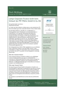 MärzDeal-Meldung Verkauf der PTF Pfüller GmbH & Co.KG  Lampe Corporate Finance berät beim