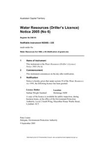 Australian Capital Territory  Water Resources (Driller’s Licence) Notice[removed]No 6) Register No E66-05