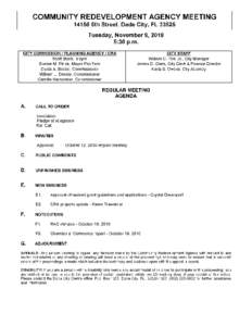 COMMUNITY REDEVELOPMENT AGENCY MEETING[removed]5th Street Dade City FL[removed]Tuesday November[removed]