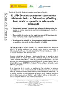 Nota de Prensa  Reunión del Comité de Gestión en el parque natural Lago de Sanabria El LIFE+ Desmania avanza en el conocimiento del desmán ibérico en Extremadura y Castilla y