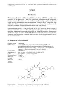 Commonwealth of Australia Gazette No. 12, 6 December 2005 Agricultural and Veterinary Chemicals Code Act 1994 page 12 NOTICE Emodepside The Australian Pesticides and Veterinary Medicines Authority (APVMA) has before it a