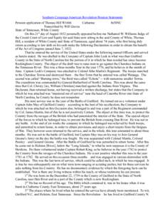 Southern Campaign American Revolution Pension Statements Pension application of Thomas Hill W1606 Catharine fn58NC Transcribed by Will Graves State of Tennessee, White County