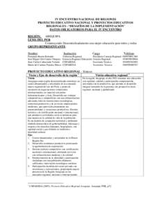 IV ENCUENTRO NACIONAL DE REGIONES PROYECTO EDUCATIVO NACIONAL Y PROYECTOS EDUCATIVOS REGIONALES - “DESAFÍOS DE LA IMPLEMENTACIÓN” DATOS OBLIGATORIOS PARA EL IV ENCUENTRO REGIÓN: AREQUIPA