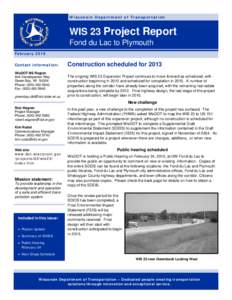 WIS 23 Corridor Study, newsletter - WIS 23 Project Report Fond du Lac to Plymouth, February 2010.