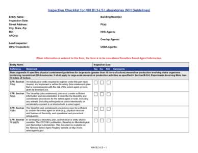 Inspection Checklist for NIH BL3-LS Laboratories (NIH Guidelines)