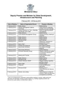 Ministerial Diary1 Deputy Premier and Minister for State Development, Infrastructure and Planning 1 February 2013 – 28 February 2013 Date of Meeting 1 February 2013