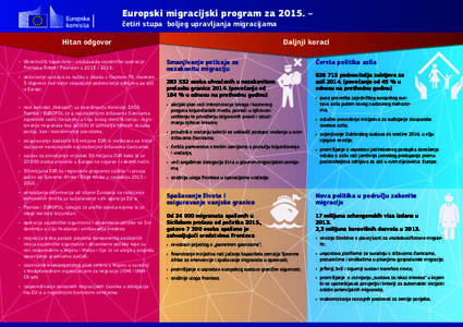 Europski migracijski program za 2015. – četiri stupa boljeg upravljanja migracijama Hitan odgovor •	 Utrostručiti kapacitete i sredstva za zajedničke operacije Frontexa Triton i Poseidon ui 2016.; •	 akti