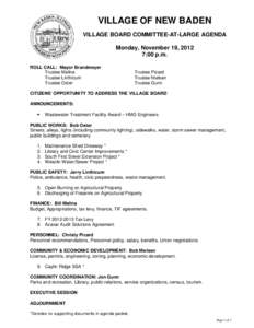 VILLAGE OF NEW BADEN VILLAGE BOARD COMMITTEE-AT-LARGE AGENDA Monday, November 19, 2012 7:00 p.m. ROLL CALL: Mayor Brandmeyer Trustee Malina