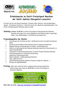 Erlebniswoche im OeAV-Freizeitpark Mauthen der OeAV-Sektion Obergailtal-Lesachtal Du hast Lust auf eine Woche Abenteuer, Freunde finden, Klettern, Schluchtenwandern, Spielen, Schwimmen, Flying Fox…? Dann bist du bei de