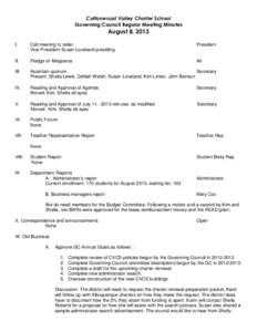 Cottonwood Valley Charter School Governing Council Regular Meeting Minutes August 8, 2013 I.