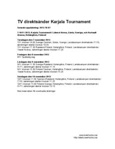 TV direktsänder Karjala Tournament Senaste uppdatering: [removed][removed]Karjala Tournament i Läkerol Arena, Gävle, Sverige, och Hartwall