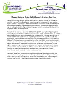 Migrant Regional Center (MRC) Support Structure Overview The Migrant Education Regional Service Center is an IDOE support structure for the Migrant Education Program. The Indiana Migrant Education program has successfull