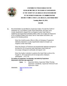 STATEMENT OF PROCEEDINGS FOR THE REGULAR MEETING OF THE BOARD OF SUPERVISORS OF THE COUNTY OF LOS ANGELES HELD IN ROOM 381B OF THE KENNETH HAHN HALL OF ADMINISTRATION 500 WEST TEMPLE STREET, LOS ANGELES, CALIFORNIA 90012