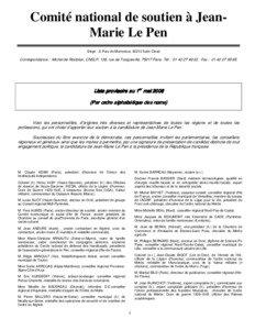 Comité national de soutien à JeanMarie Le Pen Siège : 8, Parc de Montretout, 92210 Saint Cloud.