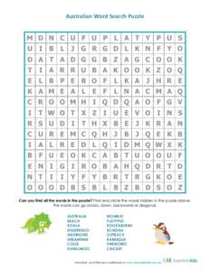 Australian Word Search Puzzle  M D N C U F U P L A T Y P U S U I B L  J G R G D L K N F Y O